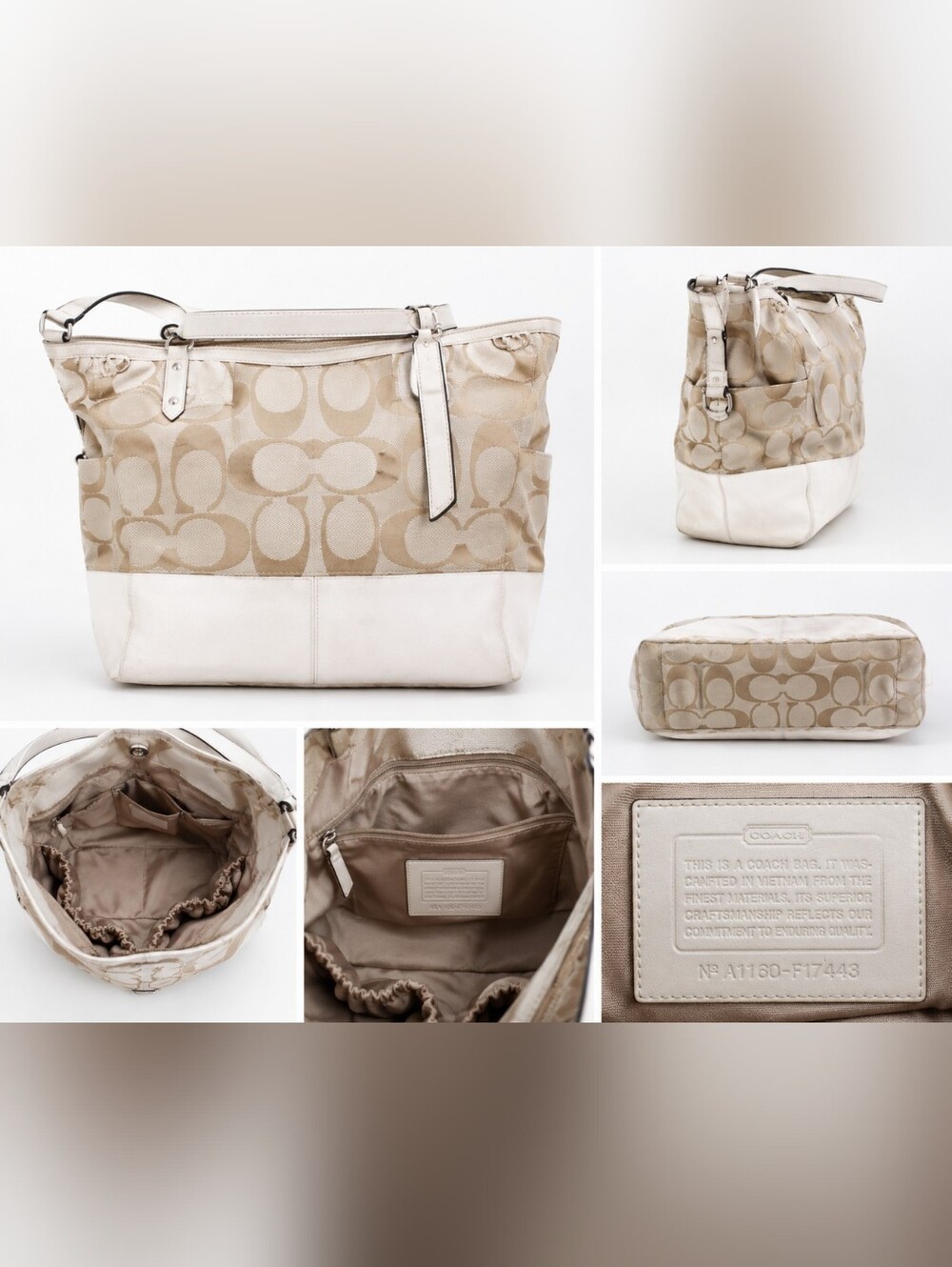 Coach F17443 Signature Khaki Ivory Diaper Tote Bag Large Baby Bag Canvas Leather